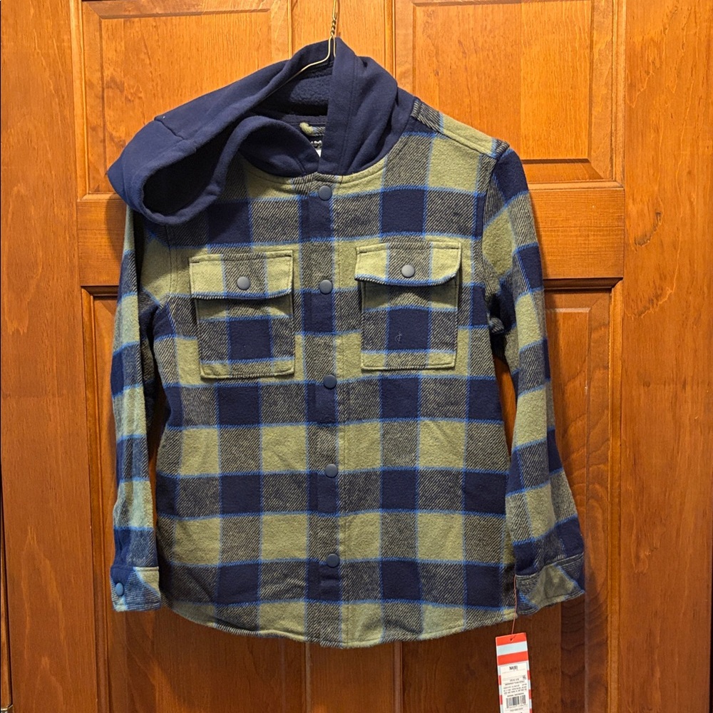 Cat & Jack Navy and Olive Plaid Hooded Flannel Shirt